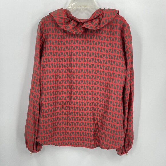 Elizabeth McKay Ruffle Neck Silk Blouse Red Party Hat Print Long Sleeve Size 2 - Picture 5 of 5